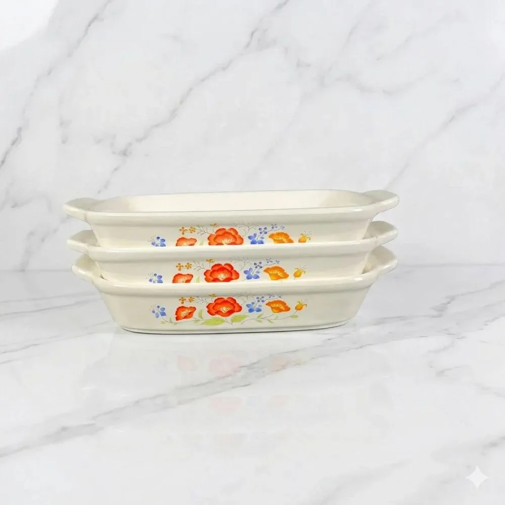 1980s Northland Japan Oven Proof 3 Small Baking Dishes Floral Pattern READ